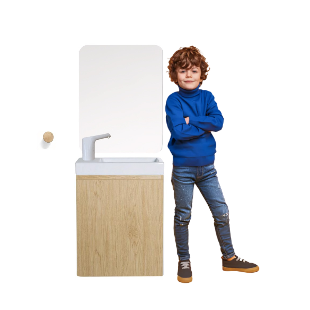 Ensemble lavabo Montessori avec son miroir et porte serviette - pour enfants de 18 mois à 7 ans - effet BOIS