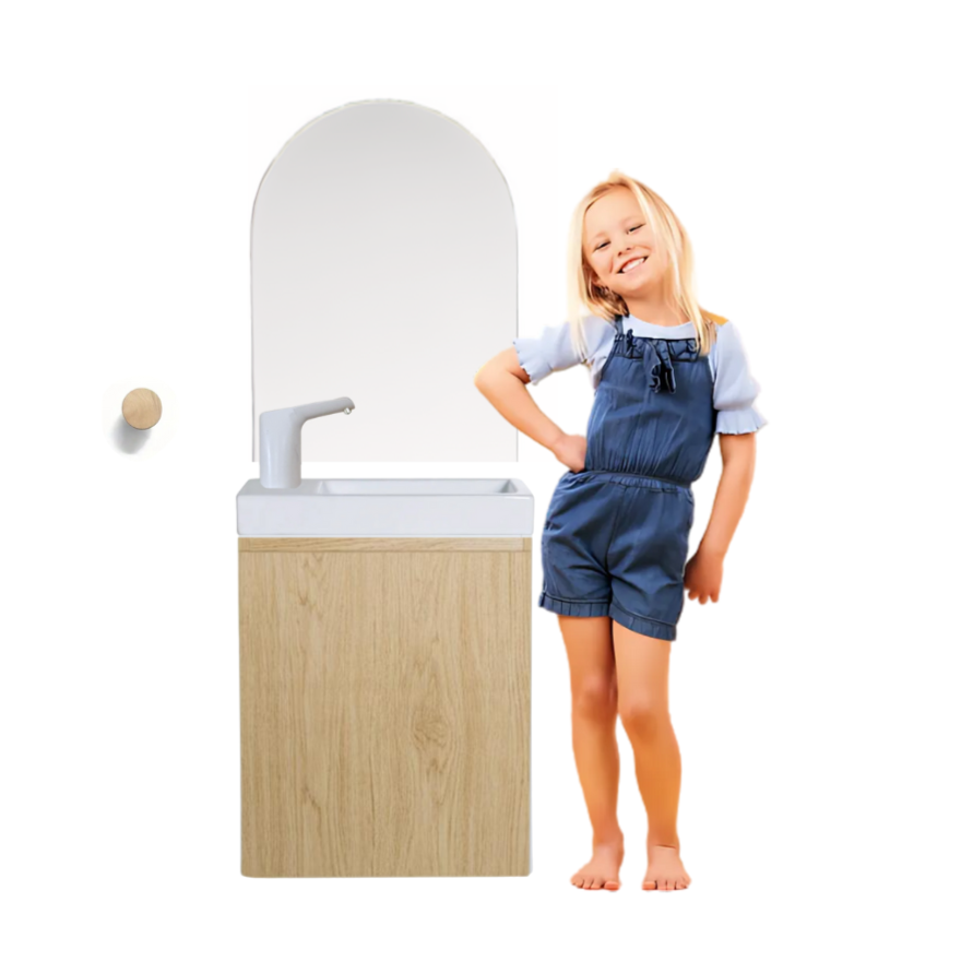 Ensemble lavabo Montessori avec son miroir et porte serviette - pour enfants de 18 mois à 7 ans - effet BOIS
