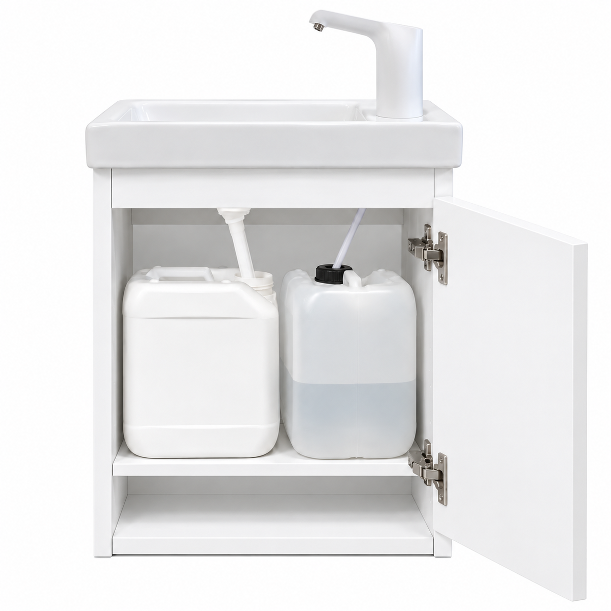 White Montessori kids sink with autonomous water system, no plumbing required